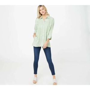 Susan Graver women Printed Linen Blend Button-Front Tunic Shirt green
